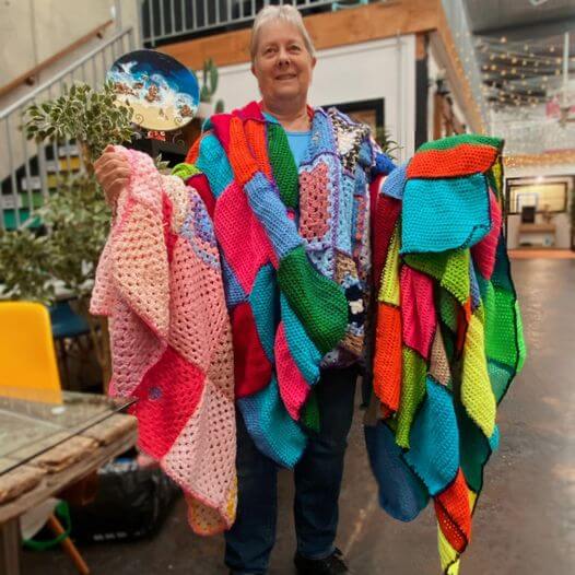 Volunteer Jennie at it again helping out with the TOTS blanket challenge at the Creative Fringe